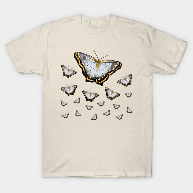 Black and Gold Butterfly Pattern T-Shirt by designs-by-ann